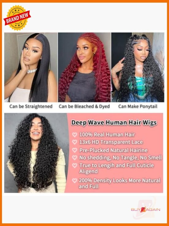 13x6 Deep Wave Lace Front Wig 30in 180 Density HD Lace Frontal Glueless Pre main image 5
